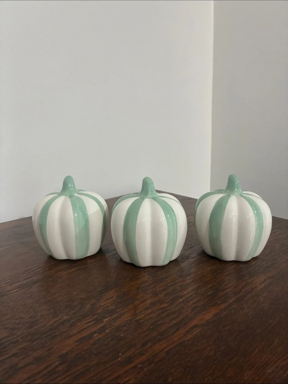 NWT- Set of 3- White & Mint Green Stripe Ceramic Pumpkins